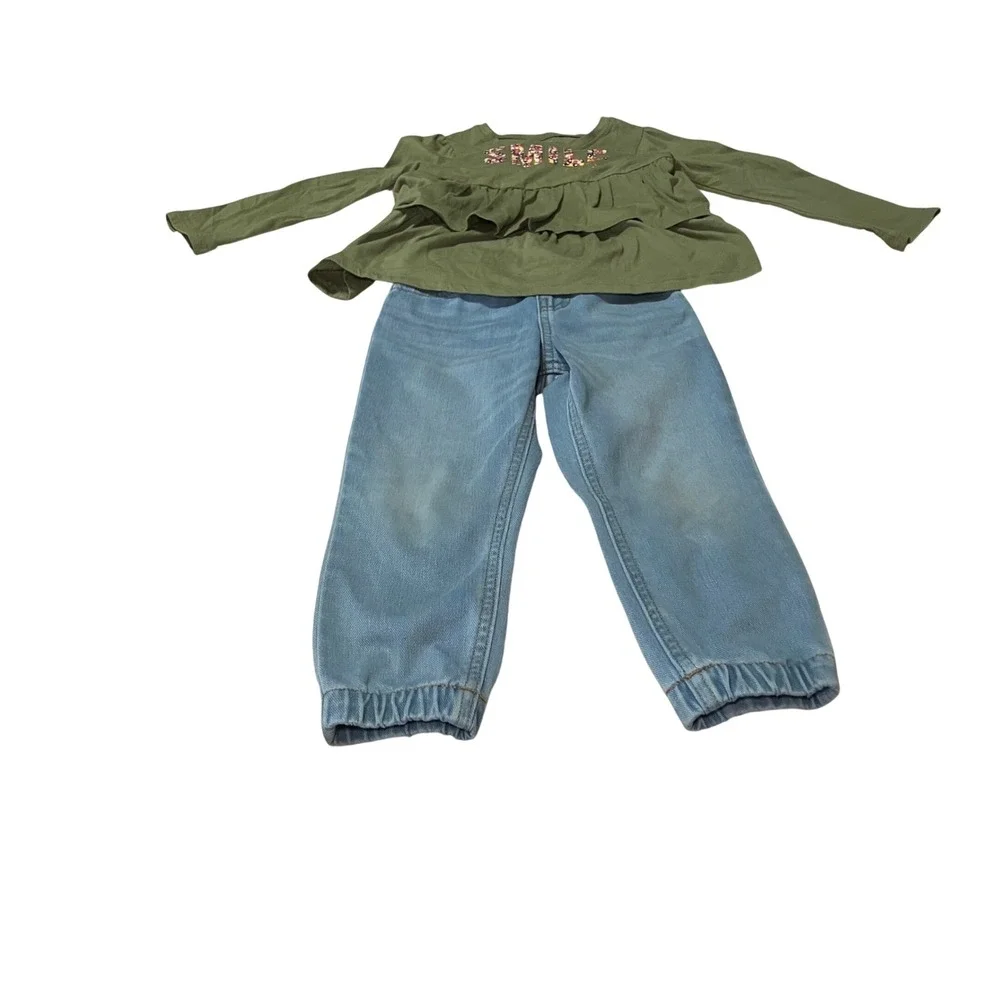 Garanimals Girls 4T Outfit Set Olive Green Smile Top & Baby Gap Denim Joggers